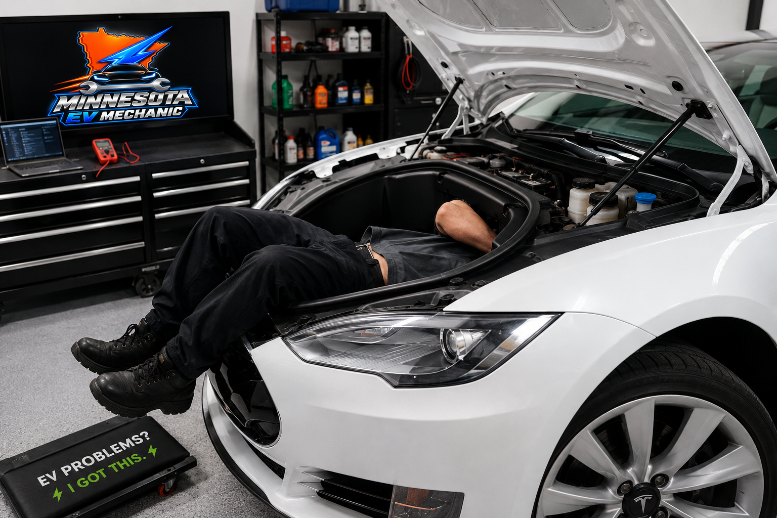 EV technician inspecting the front trunk of a used Tesla Model S before purchase