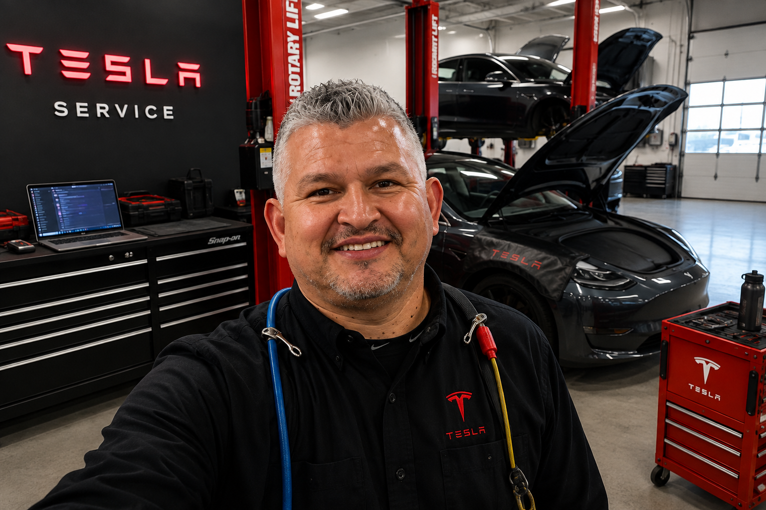 DV Technician in a Tesla Service center with Tesla vehicles and diagnostic tools