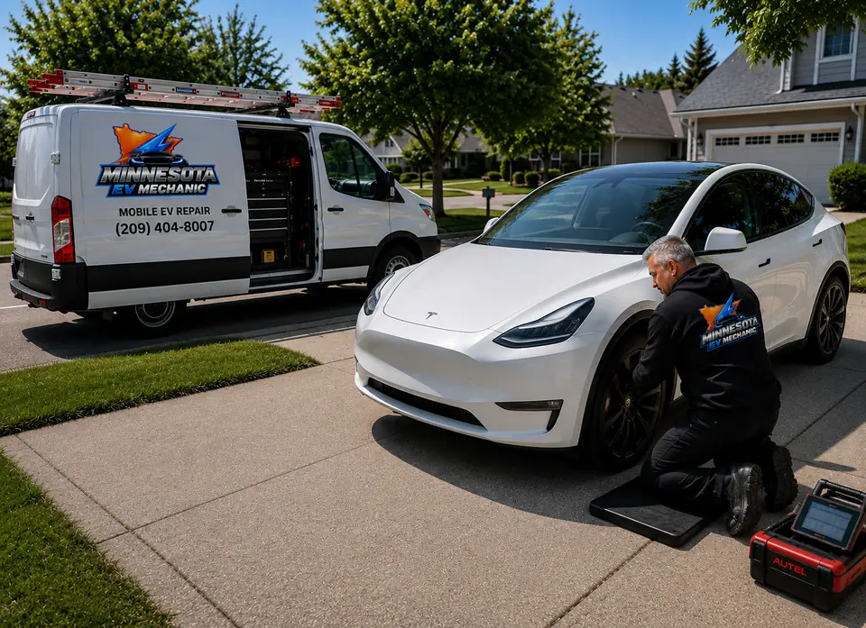 Mobile technician diagnosing an electric SUV in a home driveway at dusk
