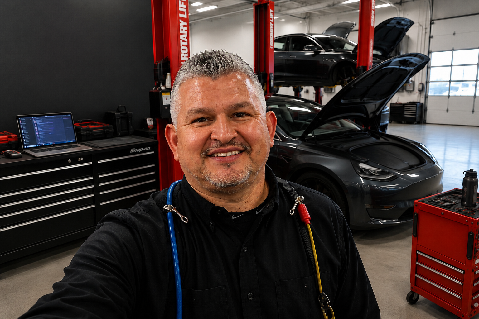 EV technician in a service bay with electric vehicles on lifts and diagnostic tools