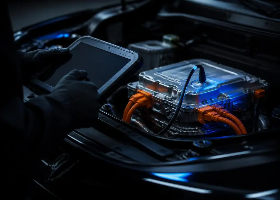 Technician running EV diagnostics on a tablet connected to a vehicle