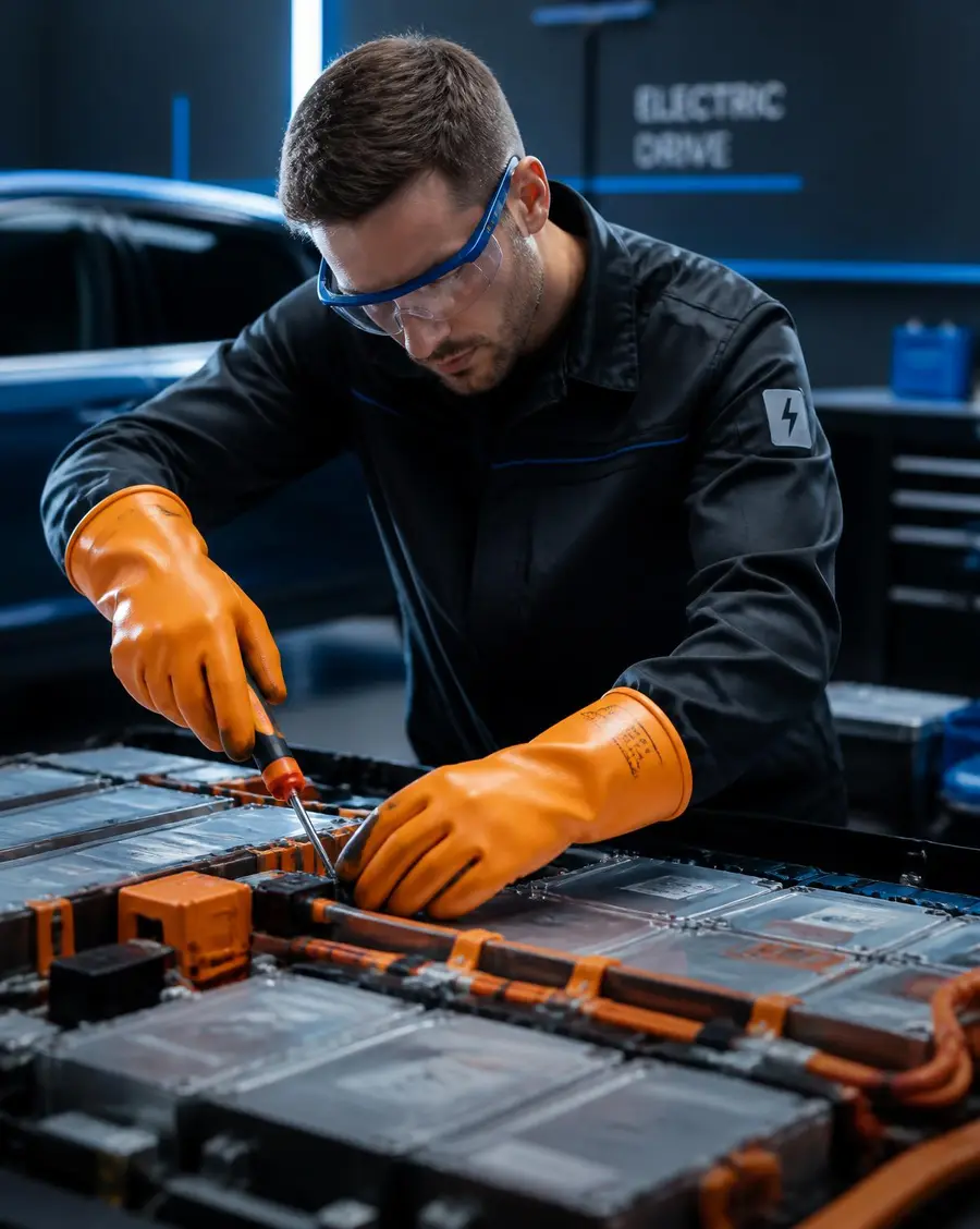 Technician in insulated high-voltage gloves servicing an EV battery pack module