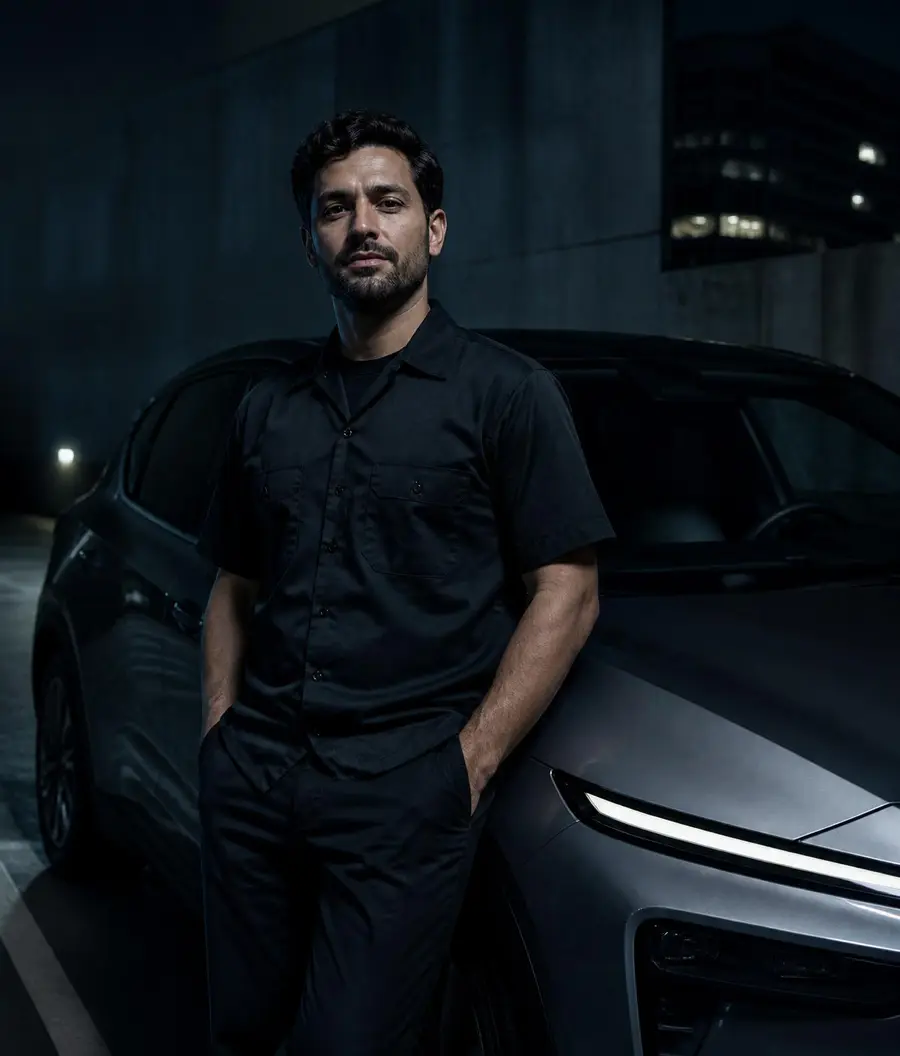 Experienced mobile automotive technician standing beside an electric vehicle